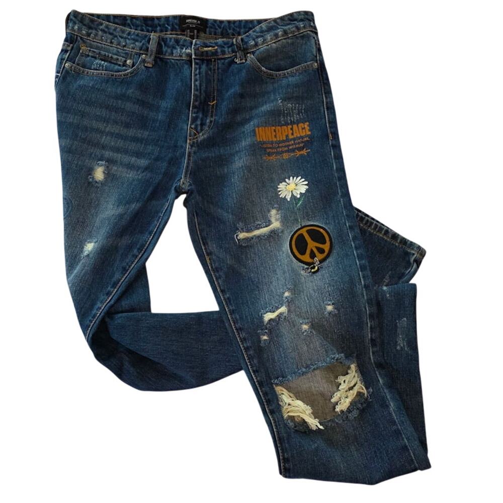 Forever 21 Men's Slim Fit Patch Jeans 32 Peace Embroidered Painted Streetwear - Picture 13 of 13